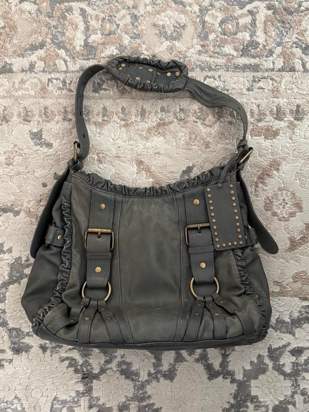 Betsey Johnson Grey Ruffled Leather Shoulder Bag